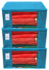 Kuber Industries Hathkadi 3 Piece Cotton Saree Cover, Blue